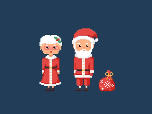 Pixel Konst Santa Claus Familj Illustrationer Bit Stil Gratulationskort Med — Stock vektor