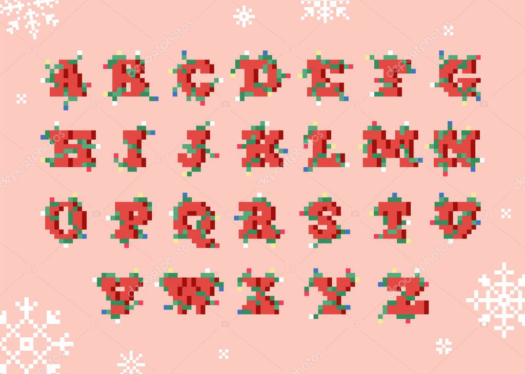 Pixel art Christmas uppercase alphabet font. 8 bit style retro type for merry Christmas and happy new year decoration. Vector red vintage font wrapped in New Year's lights. Isolated letters.