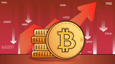 Bitcoin fiyatı yine vektör illüstrasyon arka planında düşüyor. Ağ yenisi için karikatür arkaplanı çizimi ve kripto bitcoin, keskin düzeltme ve boğa pazarı hakkında gönderiler. Kırmızı ok ve bozuk para yığını.