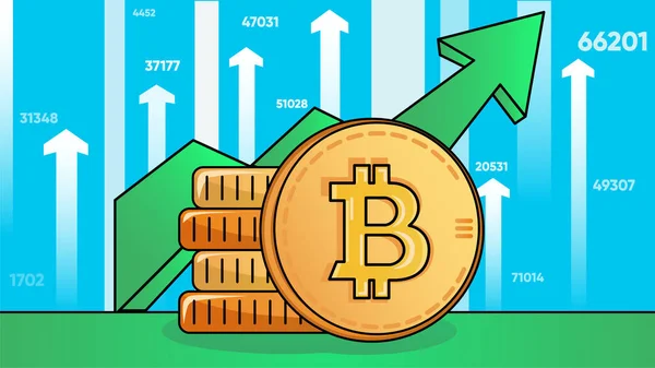 比特币价格再次上涨的矢量图解背景 有关加密比特币 好消息和牛市的网络新文章的卡通背景说明 绿箭和成堆的硬币 — 图库矢量图片
