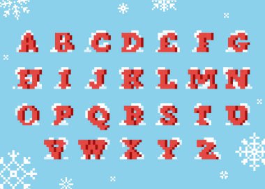 Pixel Sanat Yılbaşı Karlı Büyük harf yazı tipi. Mutlu Noeller ve mutlu yeni yıl dekorasyonu için 8 bit stil retro tipi. Kar ile kaplı vektör kırmızı eski yazı tipi. Ayrı mektuplar.