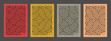 Doğrusal süsler poster kapağı seti. Vektör A4 dikey yönelimi. Kitap kapağı, poster, pankart, broşür, yıllık rapor ve broşür için tasarım. Modern ev dekorasyonu için vektör japon motifleri. Turuncu, kırmızı ve gri Japon geometrik desenleri ayarlandı.