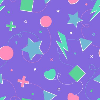 Memphis rastgele parçacıkları kusursuz bir şekilde oynuyor. Çocuk dekorasyonu için en iyisi. Geometrik şekilli kare vektör deseni kare, üçgen, yıldız ve daire gibi. Mor uniseks kiremit deseni
