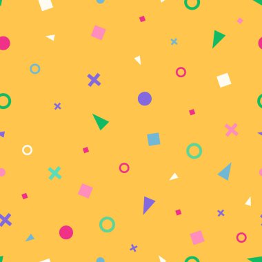 Memphis rastgele parçacıkları kusursuz bir şekilde oynuyor. Çocuk dekorasyonu için en iyisi. Kare vektör deseni, kare, üçgen ve daire gibi geometrik şekillerle. Sarı kiremit deseni.