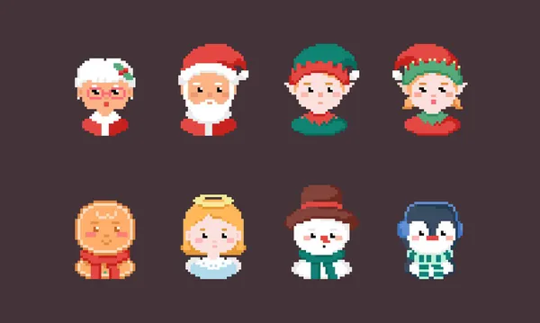 Pixel Sanat Eserleri Noel Karakterleri Simgesi Seti Noel Baba Kurabiye — Stok Vektör