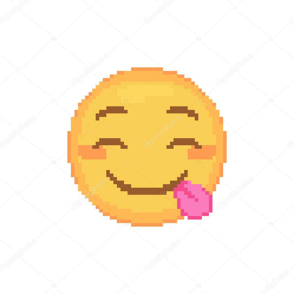 Pixel art hungry goofy emoticon. Retro pixel emoji of savoring food yellow face. Cute cartoon kawaii vector social media icon with tongue. 8 bit style emoji yellow smile.