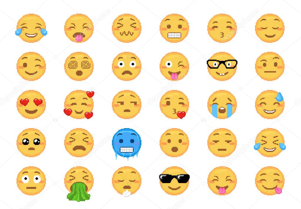Pixel art emoji collection. set of yellow face smiles in 8 bit video game retro style. Pixel art vector emoticons bundle. Happy, lovely, kiss, nerd, dizzy, cool, sick and other pixel emoji.