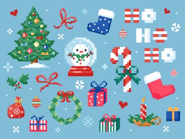 Pixel sanat eserleri Noel elementleri ataç paketi. Noel ağacı, çorap, şeker kamışı, hediye, Noel çelengi, kar küresi gibi 8 bitlik video oyunu dekorasyonları. Vektör piksel sanatı sevimli şeyler