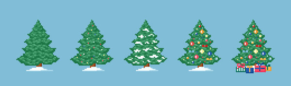 Pixel art Christmas tree set. 8 bit video game decorations collection with deferent types of Christmas trees. Vector isolated vintage icon.