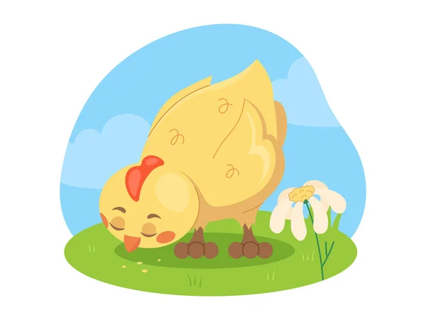 Cute Little Newborn Chick Green Meadow Cartoon Style Isolated Vector — Stock Vector