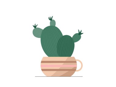 Bej çiçekli şirin düz vektör kaktüsü. Modern karikatür mini kaktüsü bitkisi logo, baskı ve web dekorasyonu için moda saksı ikonu. Konforlu ev çiçeği vektör grafik ögesi.