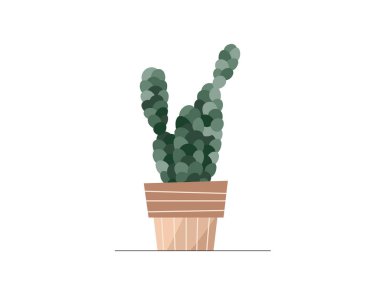 Bej renkli düz vektör kaktüsü ve çiçek saksısı çizimi. Modern karikatür mini kaktüsü bitkisi logo, baskı ve web dekorasyonu için moda saksı ikonu. Konforlu ev çiçeği vektör grafik ögesi.