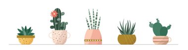 Çiçek saksılarındaki sevimli kaktüs bitkilerinin moda koleksiyonu. Modern illüstrasyonlardaki mini kaktüs sulu bitkiler. Düz İsviçre grafik tarzında konforlu vektör dekorasyonu ögeleri.