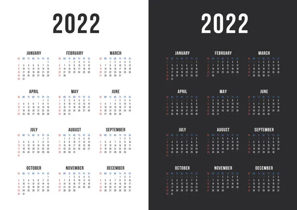 Календар Стіни Однієї Сторінки 2022 Чорно Біла Версія Векторні — стоковий вектор