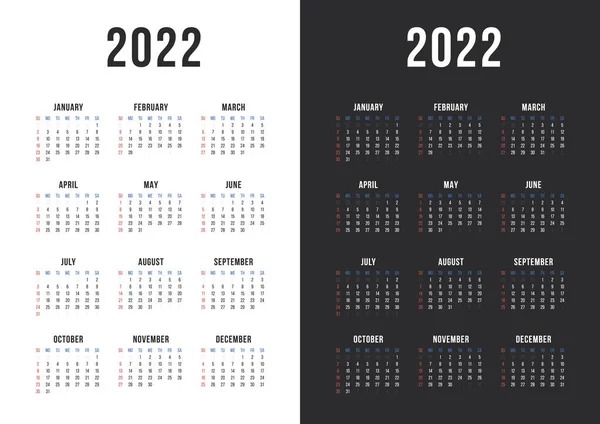 Bir sayfa duvar takvimi 2022. Siyah ve beyaz versiyonları. Vektör.