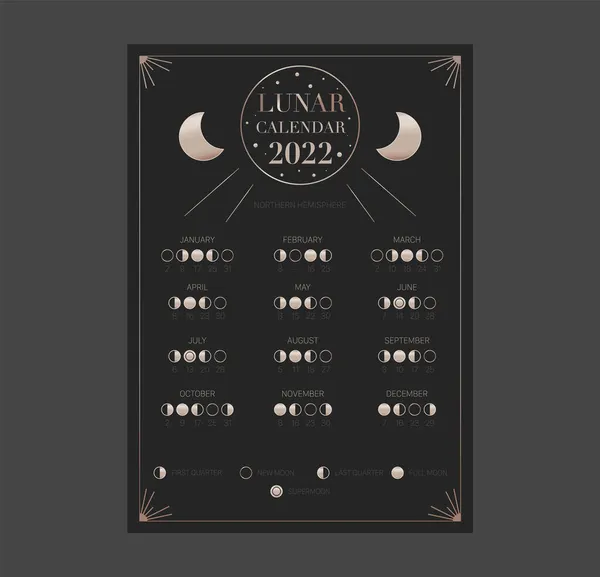2022 yılında bir sayfa ay takvimi. Modern boho ay takvimi poster tasarımı. Ay evreleri çizelgesi ve döngüleri. Vektör illüstrasyon arka planı. Eski moda dekoratif tasarım.