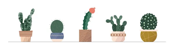 Trendy Collectie Van Home Schattige Cactus Planten Bloempotten Pictogrammen Set — Stockvector