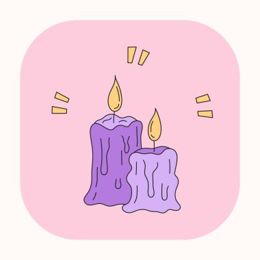 Şirin Mystic boho ayin mumları. El çizimi renkli mum elementi. Doodle kawaii tasarımında siluet simgesi. Pembe arka planda esrarengiz bir simge. Vektör sihirli mumlar.