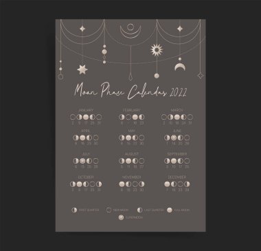 Bir sayfa ay siyah retro takvim 2022. Modern boho ay takvimi poster tasarımı. Ay evreleri çizelgesi ve döngüleri. Vektör arkaplanı. Eskimiş koyu retro dekoratif tasarım.