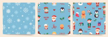 Noel pikseli kusursuz desenler ayarlandı. Kar taneleri, Noel Baba, penguen, Noel Baba, Noel Baba, hediyeler, elf, kurabiye ve diğer kış malzemeleriyle kare şeklindeki fayanslar. Vektör 8 bit arkaplan baskısı koleksiyonu 