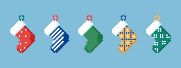 Pixel Art Vánoční Kolekce Ponožek Sada Bitové Video Hry Dekorace — Stockový vektor