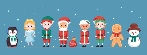 Pixel Art Christmas Characters Icon Set Vector Bit Style Retro — Stock Vector