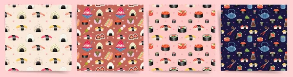 Pikselli Japon mutfağı kusursuz desenler. Suşi, maki, rulo, onigiri pirinç topu, Japon su ısıtıcısı, yemek çubuğu ve diğer Japon yemekleriyle kare yineleme serisi. Vektör kaplanabilir arkaplan koleksiyonu