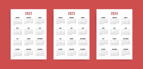 Kalendarz 2022 2023 2024 Angielski Zestaw Szablonów Wektorów Pionowy Kalendarz — Wektor stockowy