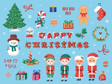 Pixel sanatının Noel elementleri toplanır. 8 bit retro Noel ağacı, şeker kamışı, hediyeler, kurabiye adam, kardan adam, Noel Baba, Noel Anne, büyükanne, Noel çelengi ve diğer sevimli kış eşyaları. Vektör.