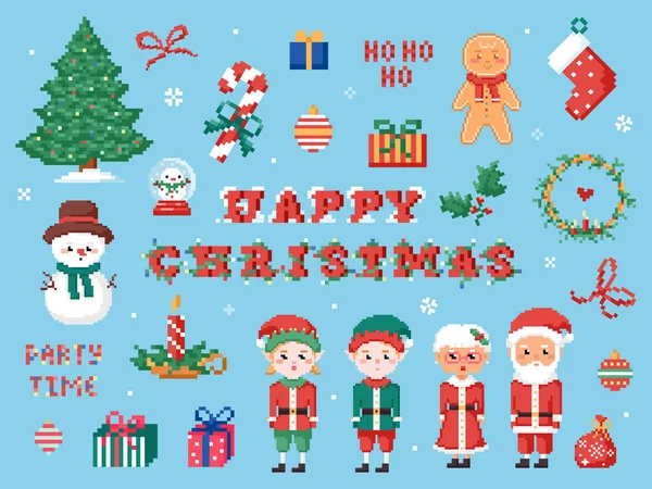 Pixel Art Weihnachtselemente Cliparts Bit Retro Set Mit Weihnachtsbaum Zuckerrohr — Stockvektor