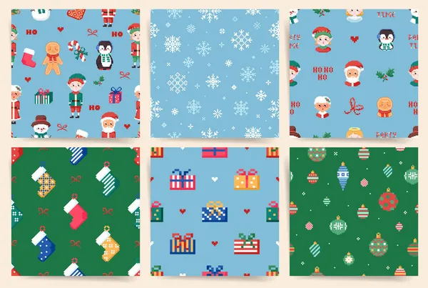 Weihnachten Nahtlose Muster Gesetzt Quadratische Kacheln Mit Weihnachtsschmuck Geschenkschachteln Schneeflocken — Stockvektor