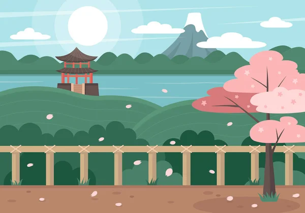 日本の風景ベクトルイラスト 漫画アジアの伝統的な寺院 パビリオンや鳥居 日本の東塔 平らな富士山の湖の風景や桜の木が咲く アジア旅行 — ストックベクタ