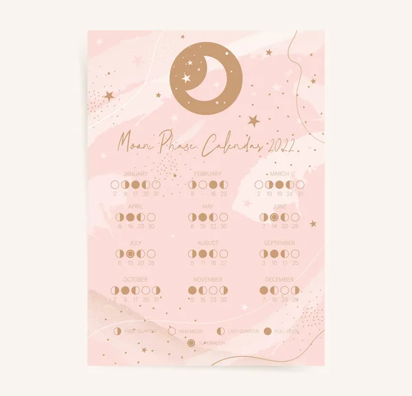 One Page Moon Calendar 2022 Year Modern Boho Elegant Pink — Stock Vector