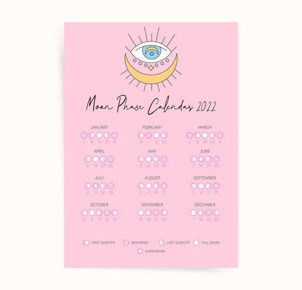 Een Pagina Maankalender 2022 Jaar Moderne Schattige Maan Kalender Poster — Stockvector