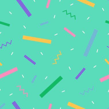 Soyut zikzaklar, ızgaralar, geometrik şekiller ve çubuklarla kusursuz renkli desenler. Tatil partisi için vektör yeşili dekoratif arka plan.