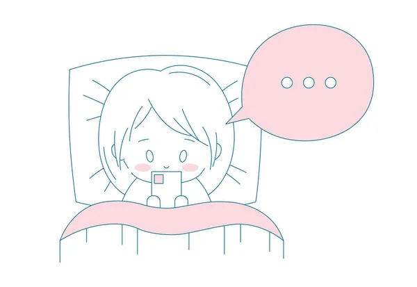女孩在上床睡觉前看了看手机的轮廓图解 睡觉前上网浏览和发短信 现代可爱的曼加女孩把头靠在枕头上 病媒Kawaii孤立 — 图库矢量图片