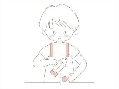 Kahveci Asyalı çocuk Fransız baskı makinesinde kahve yapıyor. Doğrusal sanat vektörü izole edilmiş bir illüstrasyon. Kafede ya da kafede kahve yapan bir erkek. Kahverengi renkli sevimli tasvir mangası.