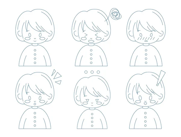 Outline Cute Girl Emotions Set Vector Line Art Female Character — Stock Vector