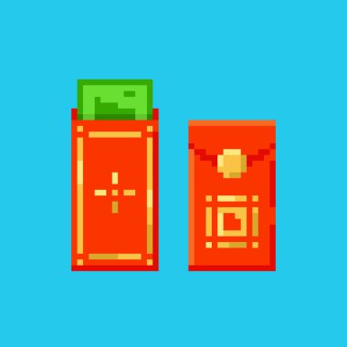 Piksel sanatı, şanslı para zarfı hediye ikonu. Çin angpao parası sunumunun 8 bit stil illüstrasyonu. İzole edilmiş kırmızı ve altın renkleri retro video oyunu bilgisayar grafiğinin bayram dekoratif ögesi.