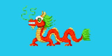Piksel resim Çin ejderhası ikonu. Geleneksel Asyalı ejderhanın 8 bit stil illüstrasyonu. Eski bilgisayar oyunu grafikleri için izole edilmiş kırmızı ve altın tatil dekoratif ögesi.