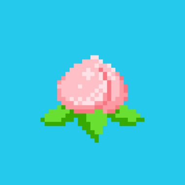 Pikselin yeni yıl şeftali ikonu. Piksel ay dekoratif şeftalisinin vektör 8 bit stili çizimi. Eski bilgisayar oyunu grafiğinin şirin doğulu elementini izole ettim.