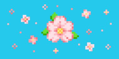 Piksel sanat eriği çiçek ikonu seti. Vektör 8 bit pikselin sakura çiçeğinin çizimi. İzole edilmiş yay sevimli dekoratif unsuru retro video oyunu bilgisayar grafiği.