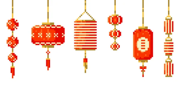 Pixel Kunst Chinese Ornamenten Set Vector Bit Stijl Collectie Van — Stockvector