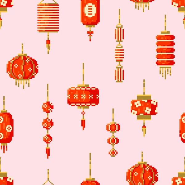 Pixel Kunst Chinese Papieren Lantaarns Naadloos Patroon Maanjaar Decoraties Met — Stockvector