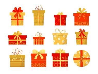 Ay kırmızı ve sarı hediye kutuları seti. Çin 'de yeni yıl tatili için beyaz zemin üzerinde şirin izole mevcut kutuların vektör çizimi. El çizimi düz tasarım tarzı. Ay yılı geleneksel tasarımı