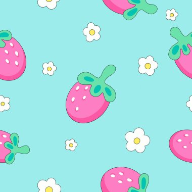 Pembe çilek ve çiçeklerle şirin, pürüzsüz bir desen. Çizgi film eğlenceli el çizimi tarzı. Vektör mavi çiçek arkaplanı.