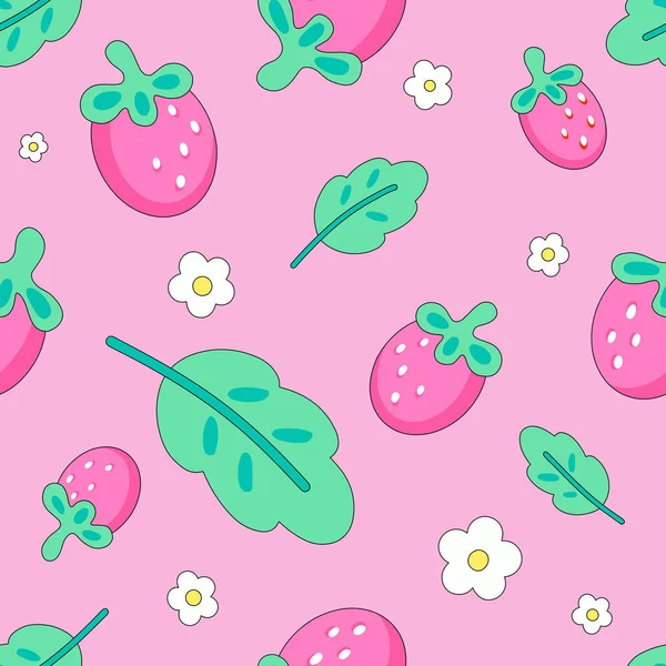 Strawberries Hand Drawn Seamless Pattern Background Cute Vector Design Fabric — Vetor de Stock