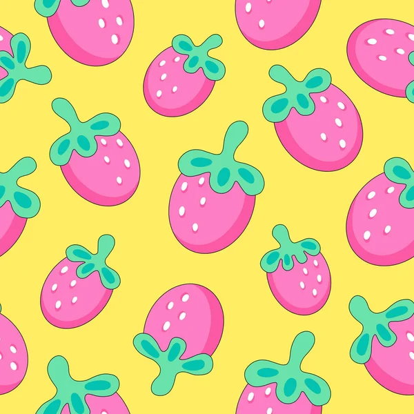 Seamless Pattern Cute Cartoon Strawberries Yellow Background — Vetor de Stock