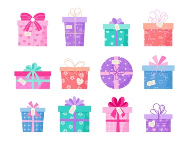 Set gift boxes for February 14. Valentine day gift box with cute bows cartoon style. Decorative items for  birthday, weddings, Valentine's Day presents surprises. Pink, purple, blue, red colors.