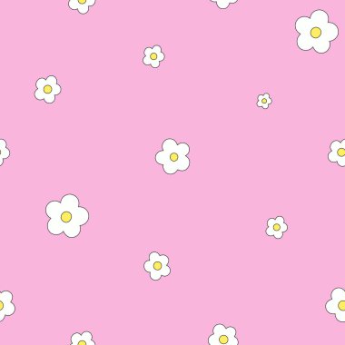 Simple Cute Seamless pattern with white flower on pink background. Vector Tile. Decorative background.